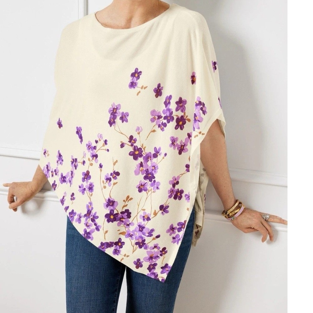 Talbots Cream Purple Floral Chintz Asymmetrical Poncho Knit Top Woman M/L NWT - Picture 5 of 12